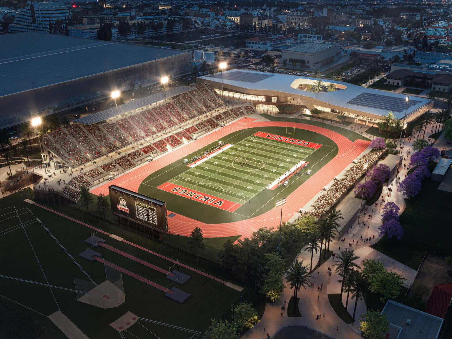 architectural rednering of long beach city college stadium; Aerial view of a brightly lit outdoor sports stadium at night