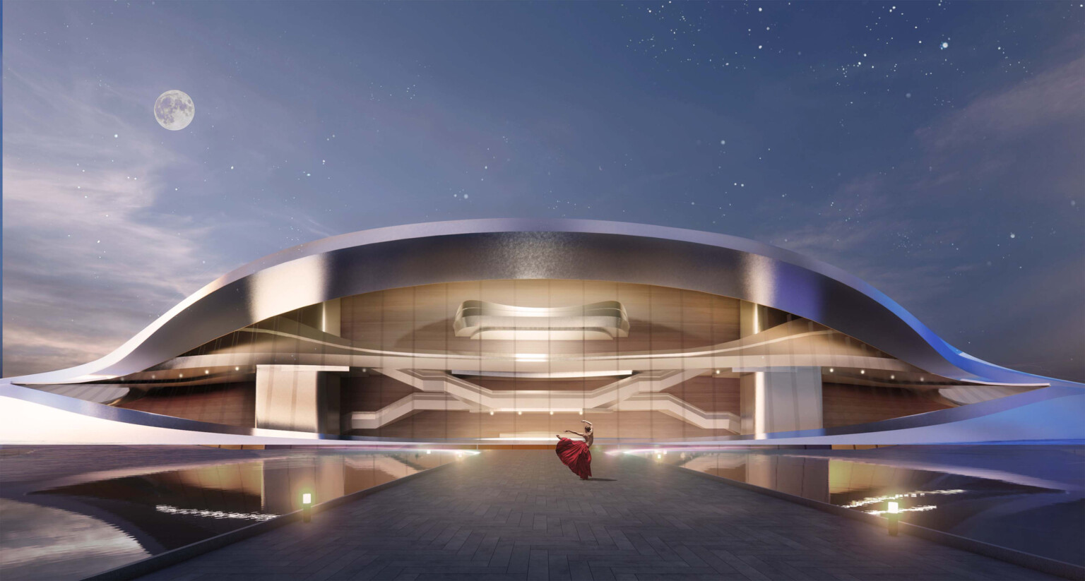 Futuristic building with a sleek, curved roof under a starry night sky, reflected in a calm water feature. A lone dancer in a flowing red dress performs at the center, evoking stillness and elegance.