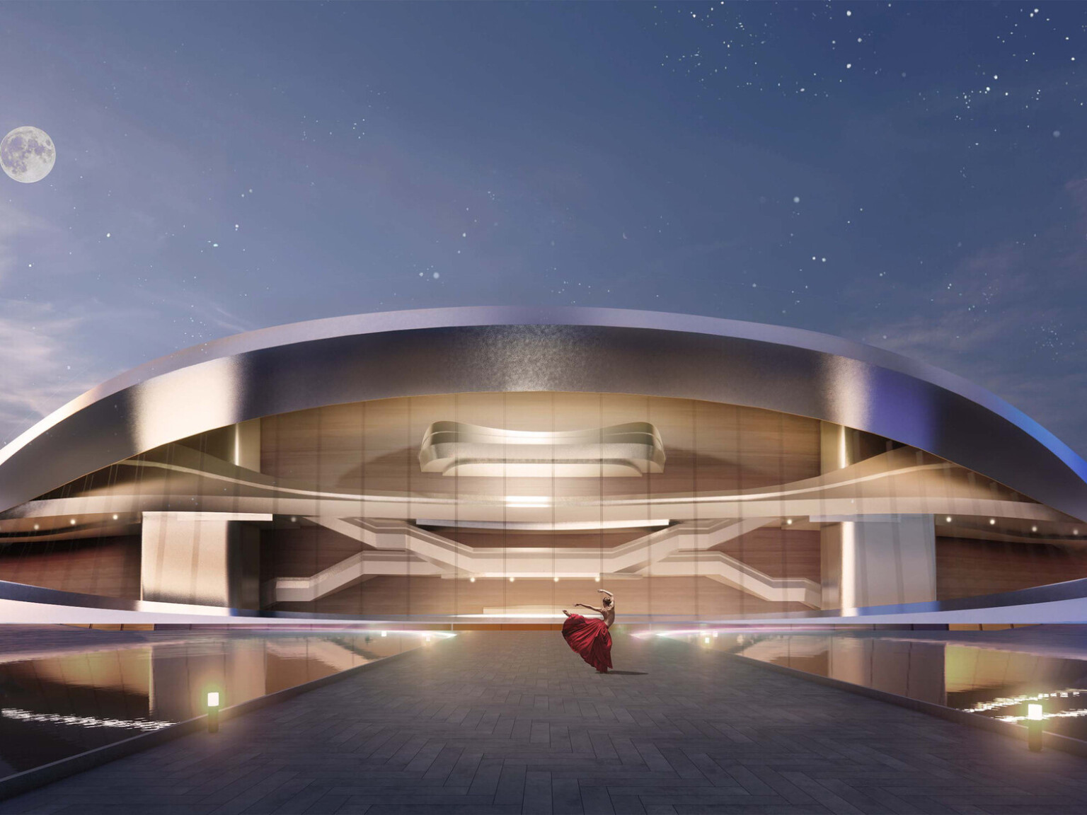 Futuristic building with a sleek, curved roof under a starry night sky, reflected in a calm water feature. A lone dancer in a flowing red dress performs at the center, evoking stillness and elegance.