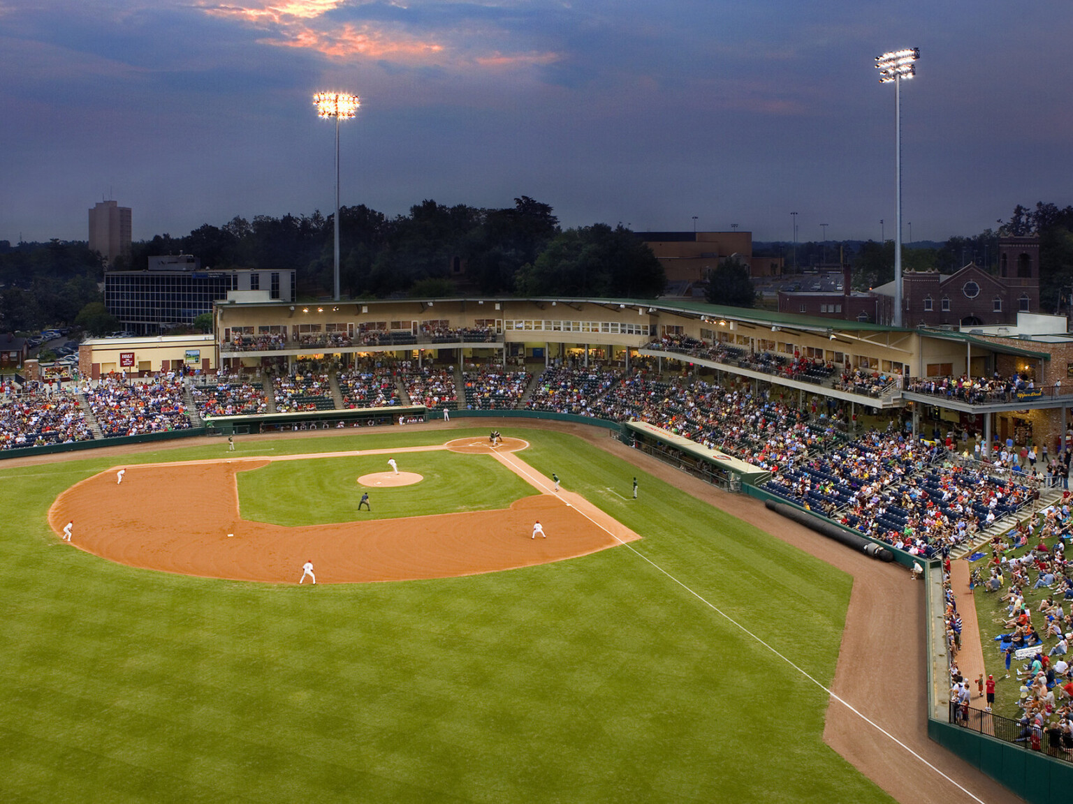 Fluor Field, home to the Greenville Drive, from above, with lawn seating by 3rd base foul line, and suites behind home plate