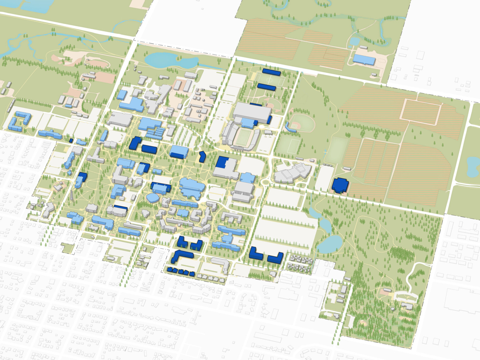 architectural master plan drawing of a college campus with green aerial designations for outdoor space and blue rectangles for buildings