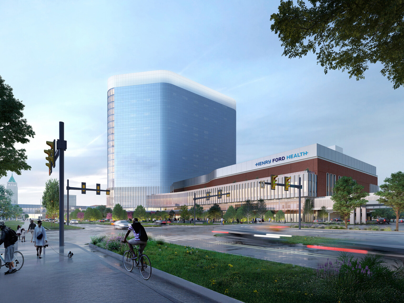 A render of a modern red brick and glass building with a curved design, large windows, and vertical fins.