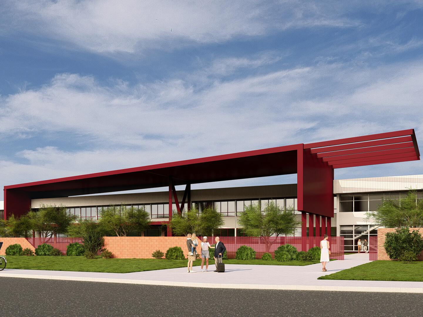 PXU career technical high school; school renovation and modernization in Phoenix for Metro Tech; large shading in branded red covers the outdoor area for passive cooling