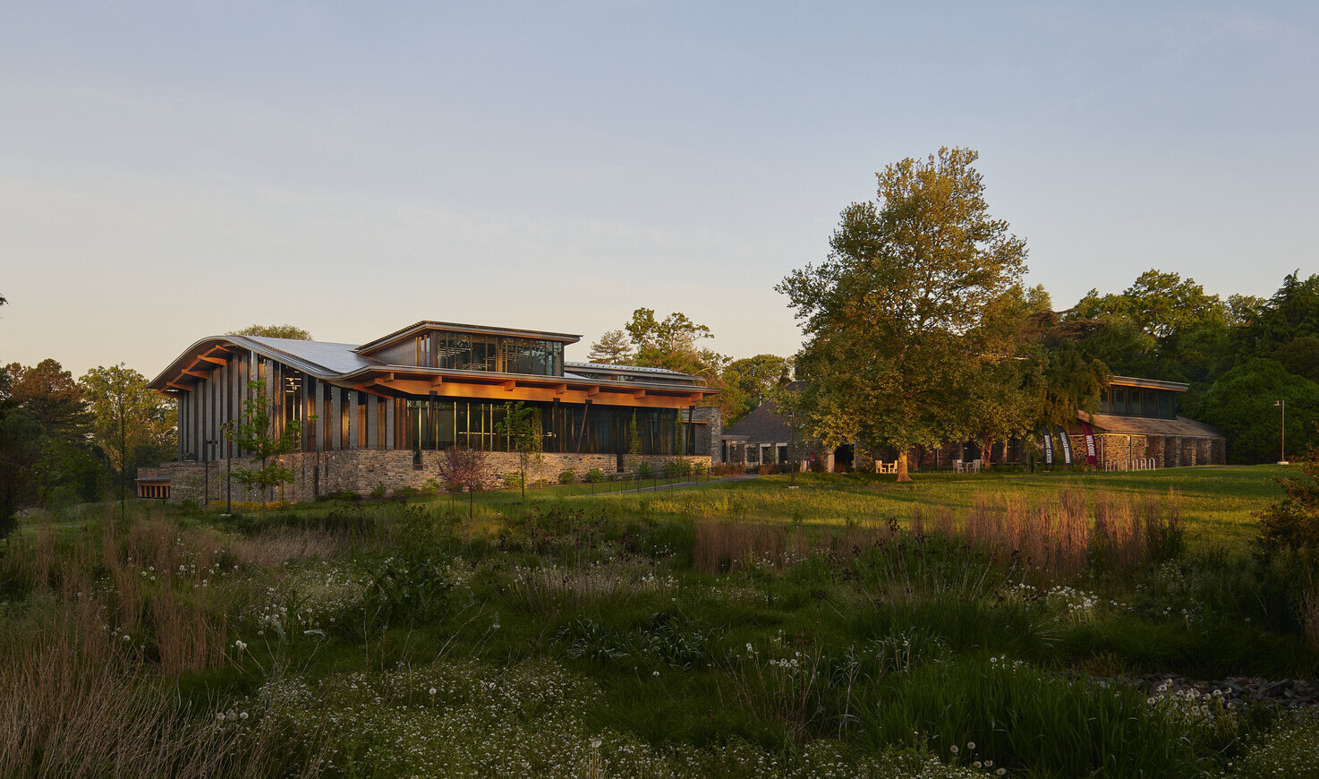view from the lawn of a sustainable, mass timber building on a university campus, Swarthmore University