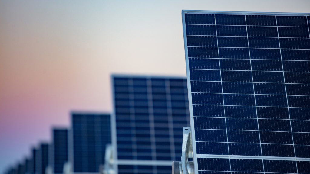 zoomed in image of solar panels in front of a sunset sky