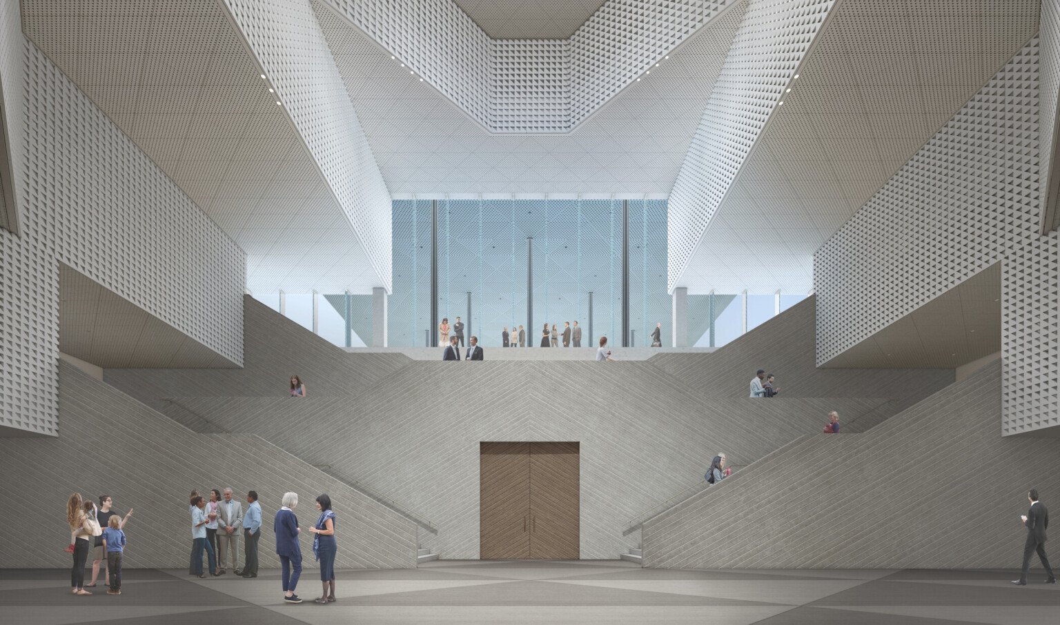 Ismaili Center in Houston interior triple height chamber with angular white textured walls. Double stairs on each side of double doors