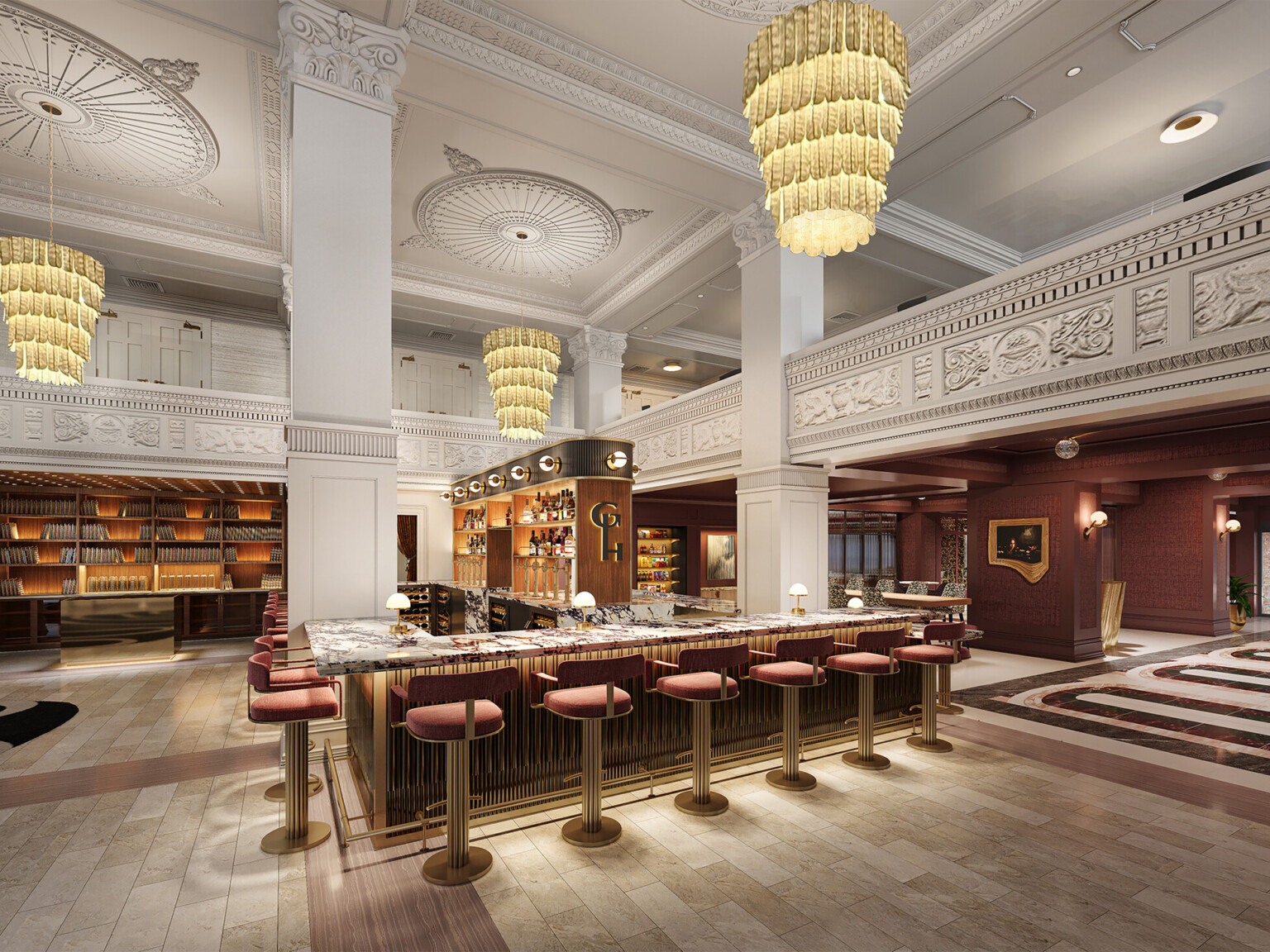 architectural rendering of the Gunter Hotel in San Antonio; Front area with large ornate and art deco style bar; large chandeliers and historical crown molding on the double height balcony and ceiling