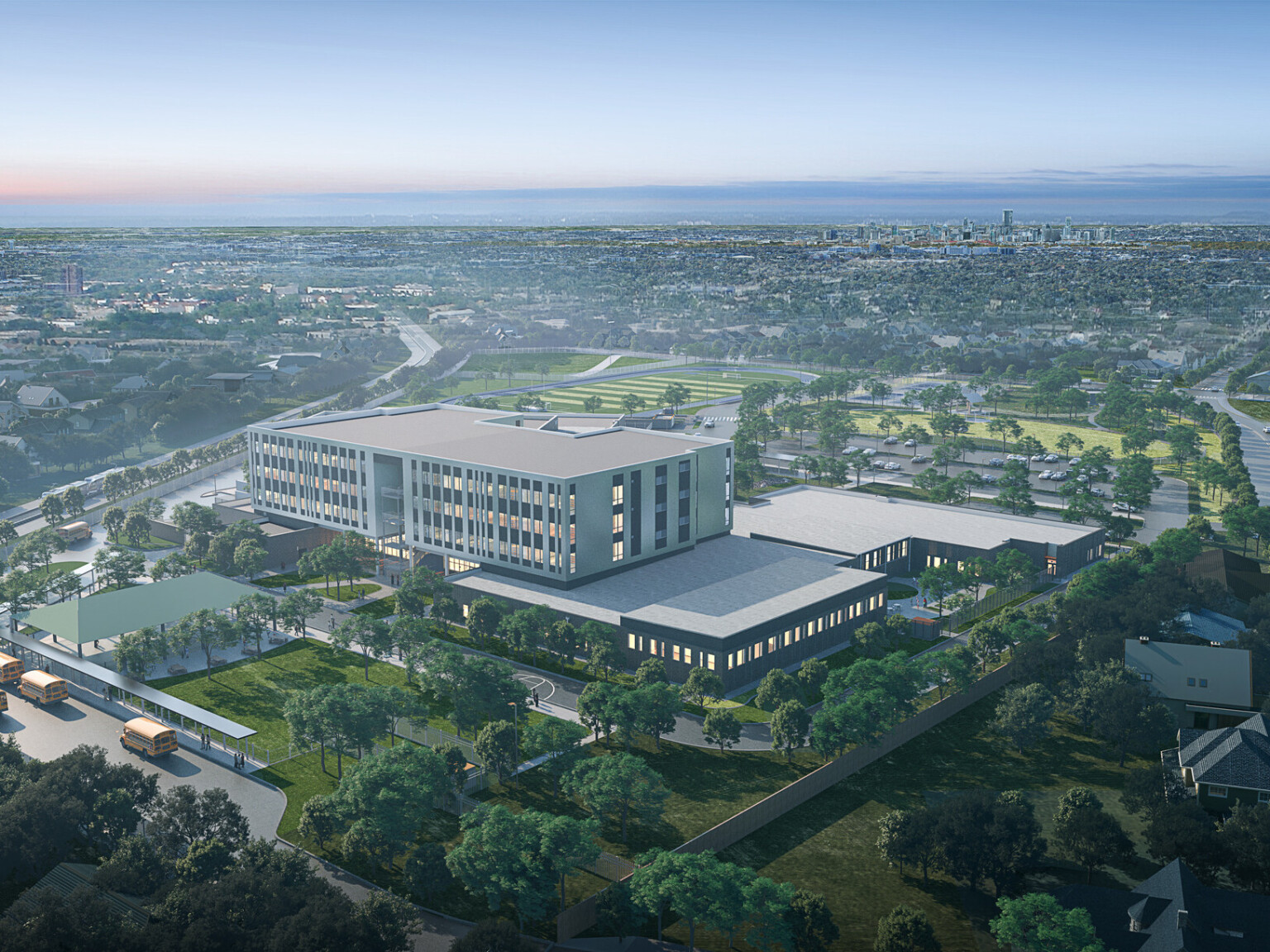 Burnet Middle School; aerial design rendering; modern multi-story building with surrounding forest