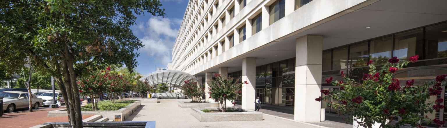 exterior view of Metropolitan Police Department Headquarters; perforated facade brings in natural light in brutalist building