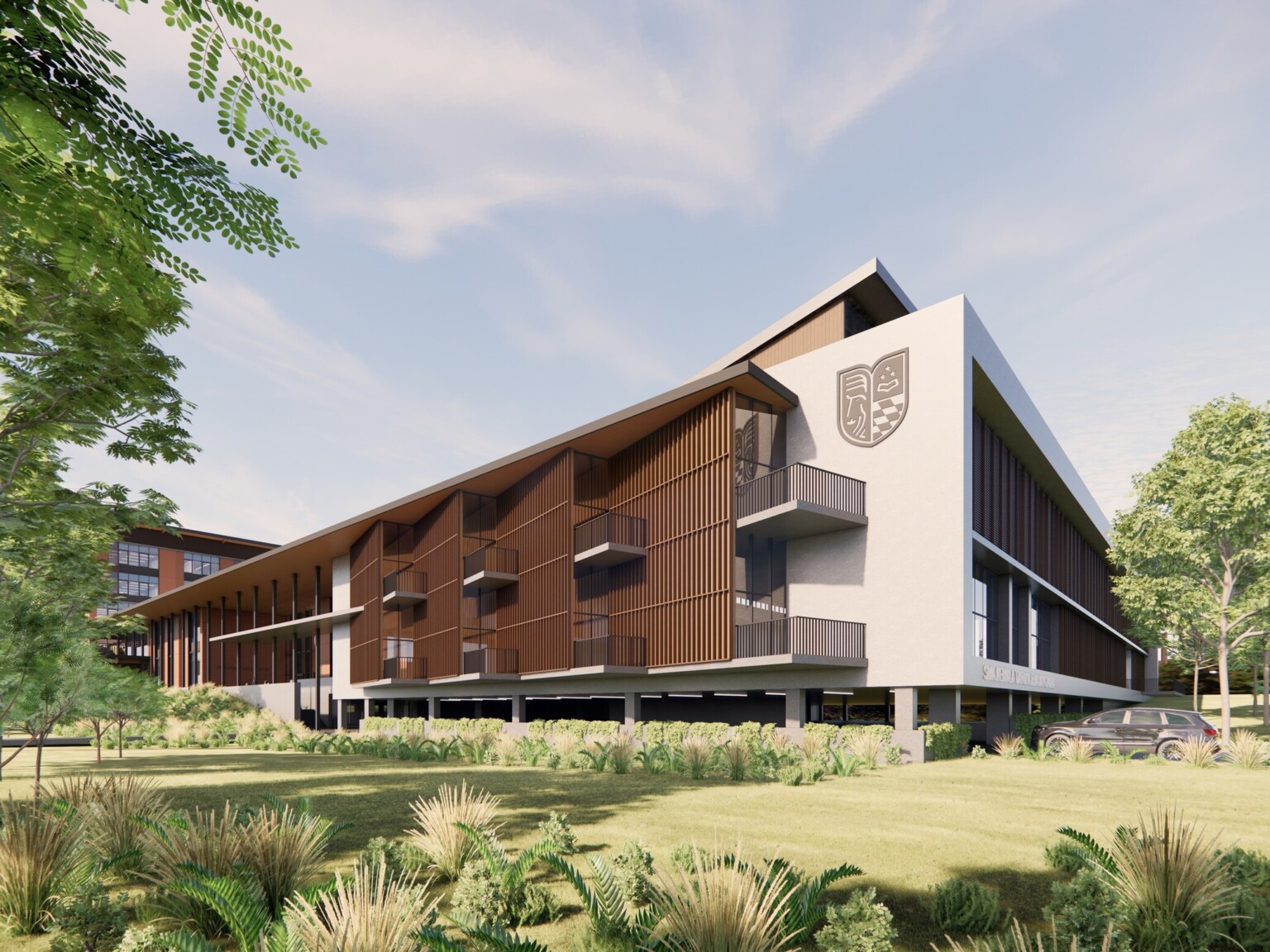 Rendering of Kemala Taruna Bhayangkara Boarding School Campus; modern white and wood building surrounded by nature with a outdoor walkways on each floor and a educational crest engraved on the white building side