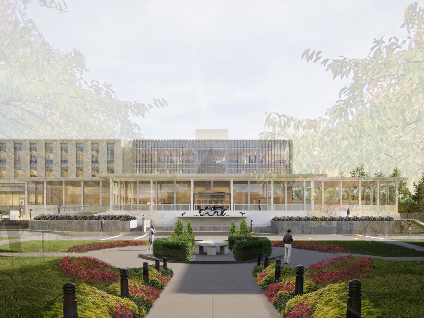 Rendering of a multistory office building with large glass atrium out front surrounded by trees and lush landscaping