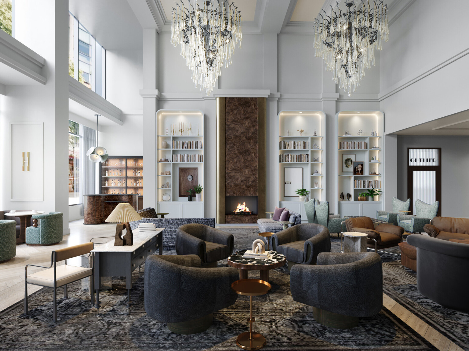 interior design of a luxury hotel; kimpton hotel monaco reimagined and renovated; lofted ceilings with chandeliers create ambiance and luxury