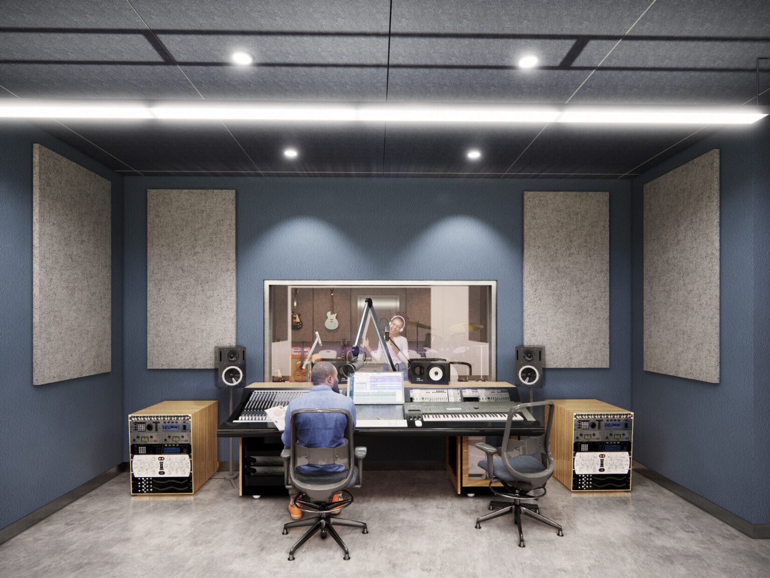 rendering of Compton High School recording studio; image of a recording studio from the tech booth facing a glass screen with people singing