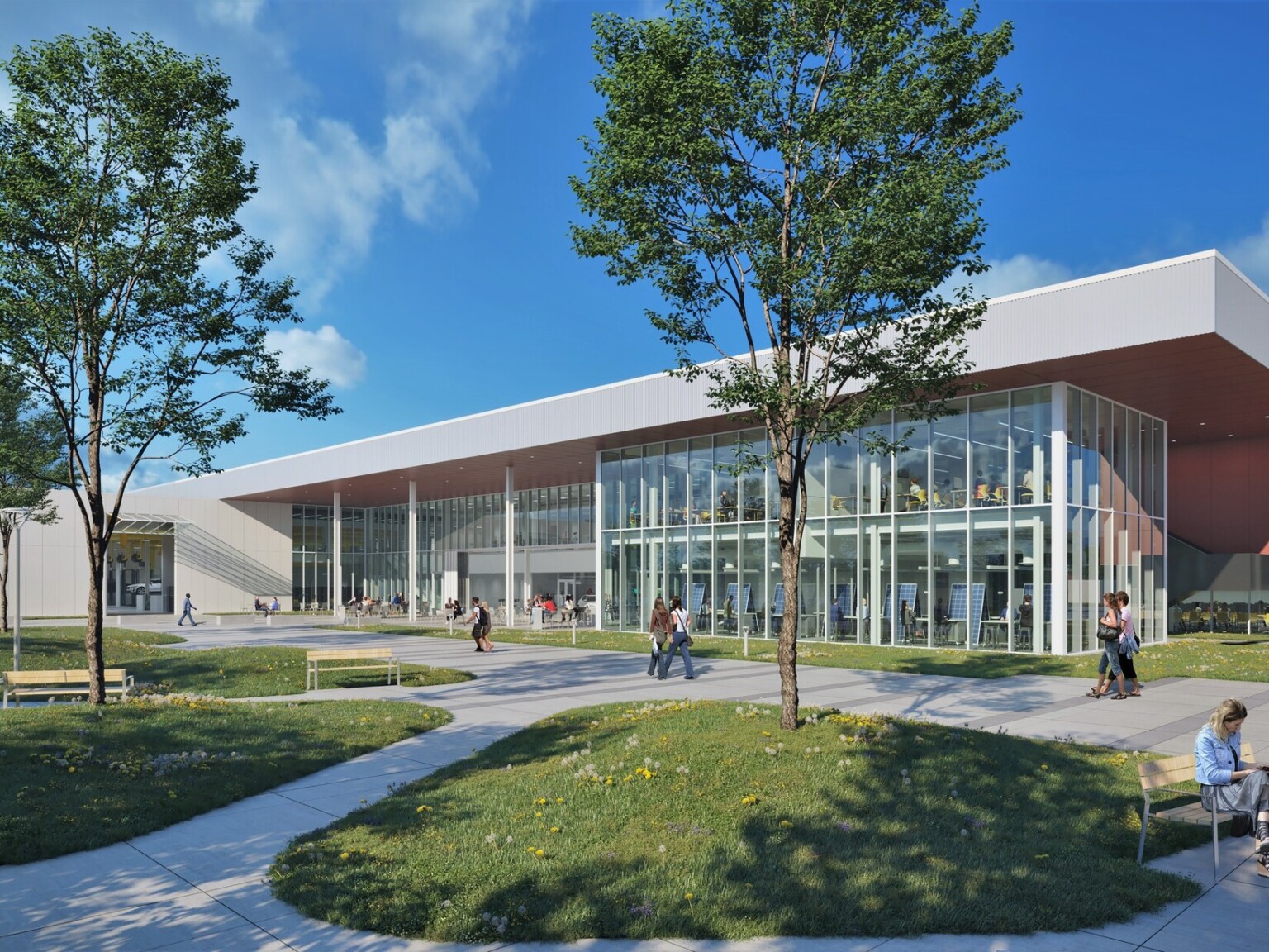 American River College exterior rendering; green space with trees in front of a modern multi-facade building with a floor to ceiling window entryway