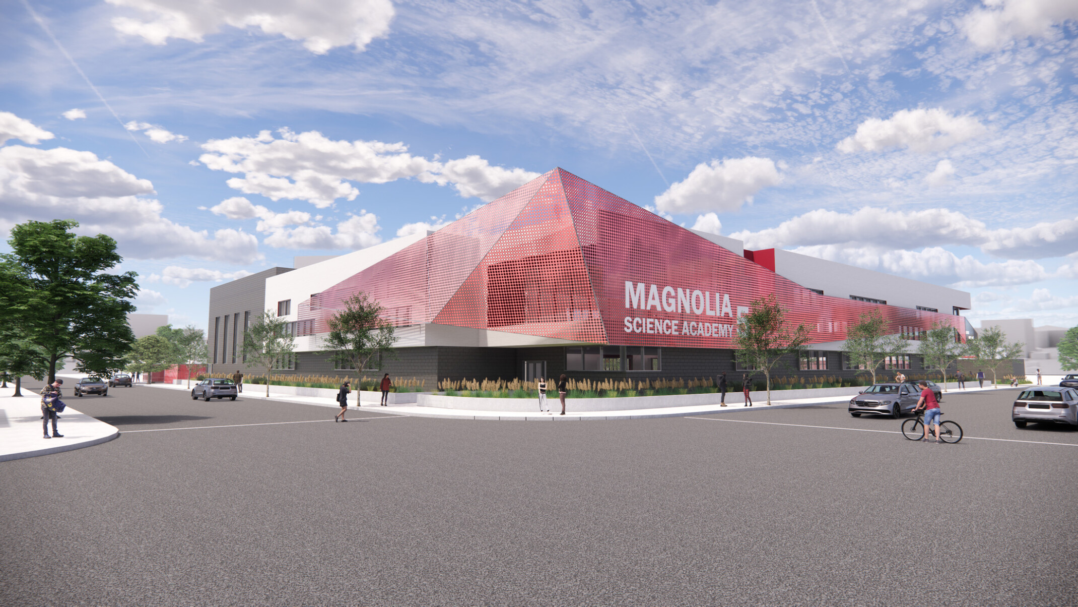 Exterior rendering of Magnolia Science Academy 5 with a modern red awning; science building for students in California