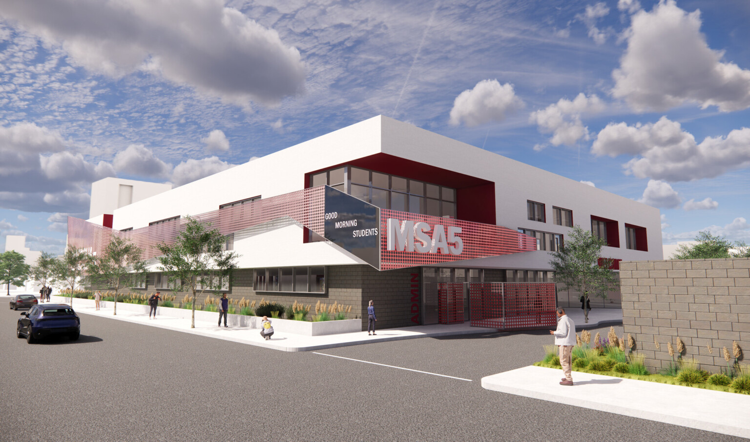 Exterior rendering of Magnolia Science Academy 5; white building with modern red awning with white letters MSA5; science building for students in California