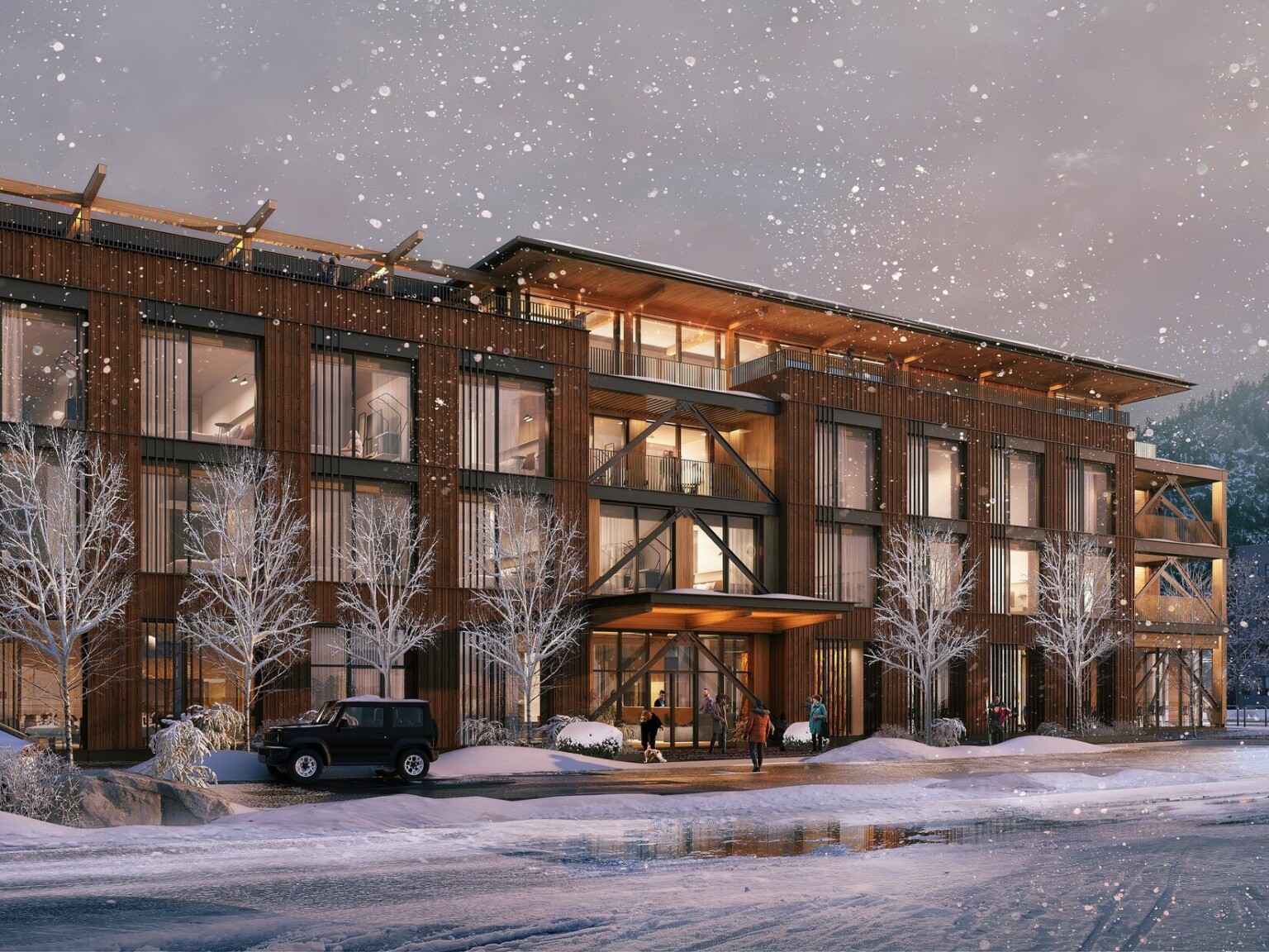 architectural rendering of Common Pine mass timber hotel in a snowy weather; three floor timber building with large windows along the front facade