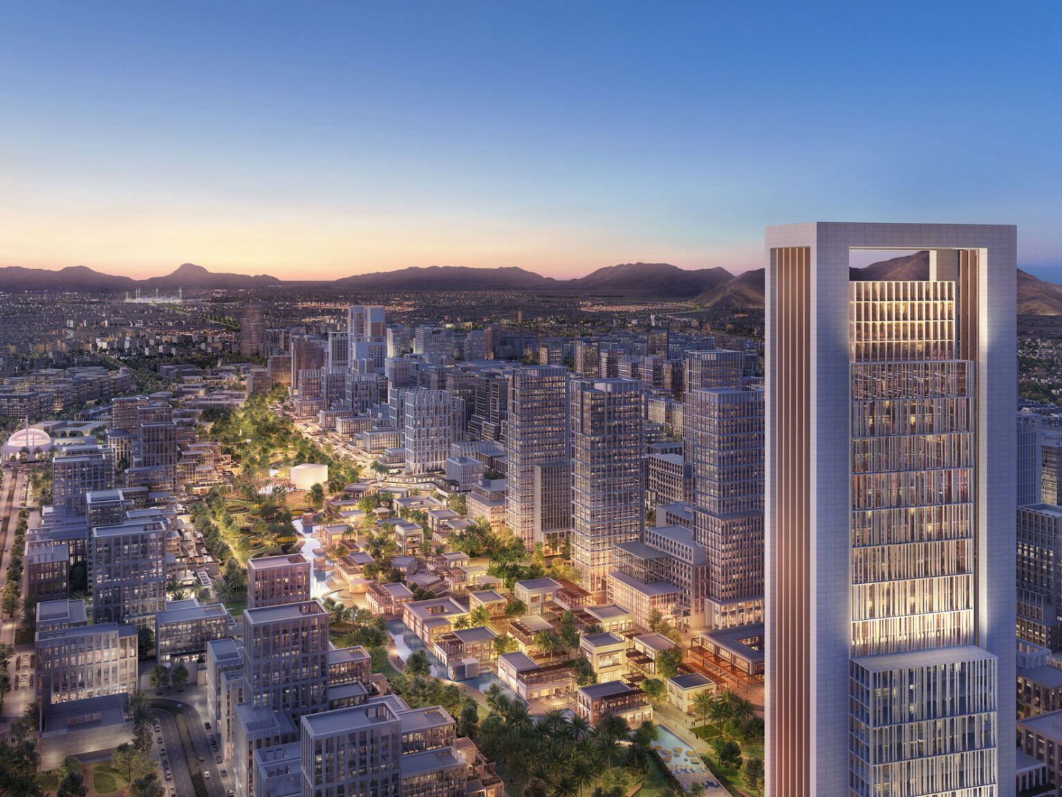 Dusk rendering of Madinah, KSA showing a large high rise building to the right surrounded by other multistory buildings