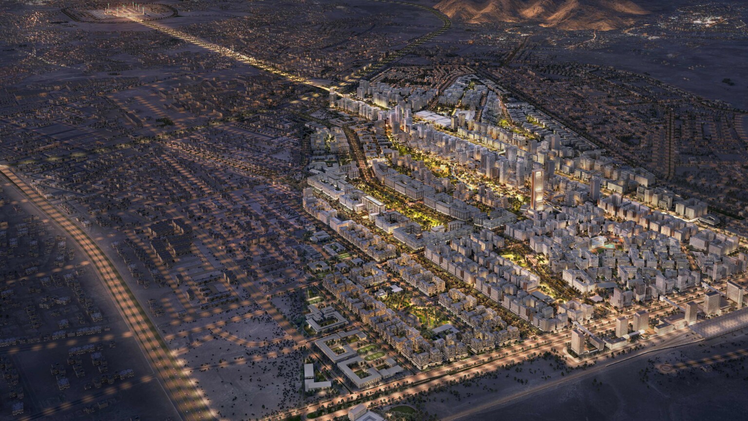 Aerial nighttime rendering of Madinah, KSA showing high rise buildings with windows filled with light amongst green trees