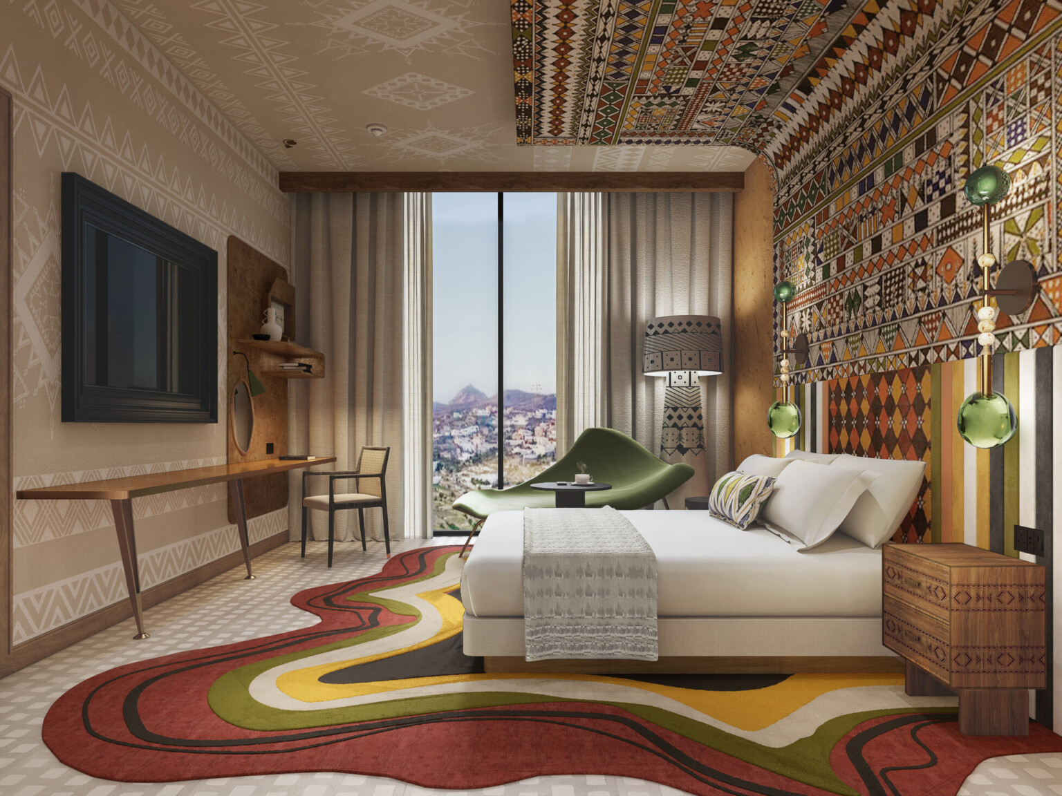 Hotel room rendering with colorful artwork, modern rug and furniture