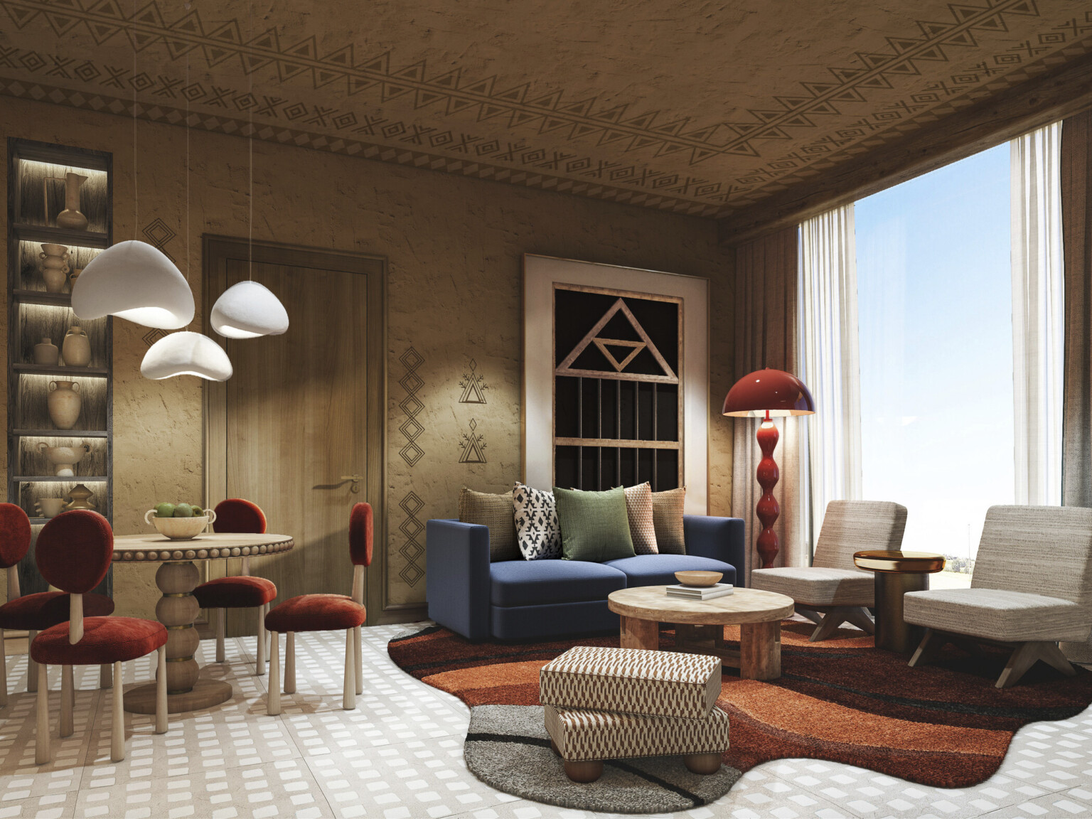 Hotel room rendering with colorful artwork, modern rug and furniture