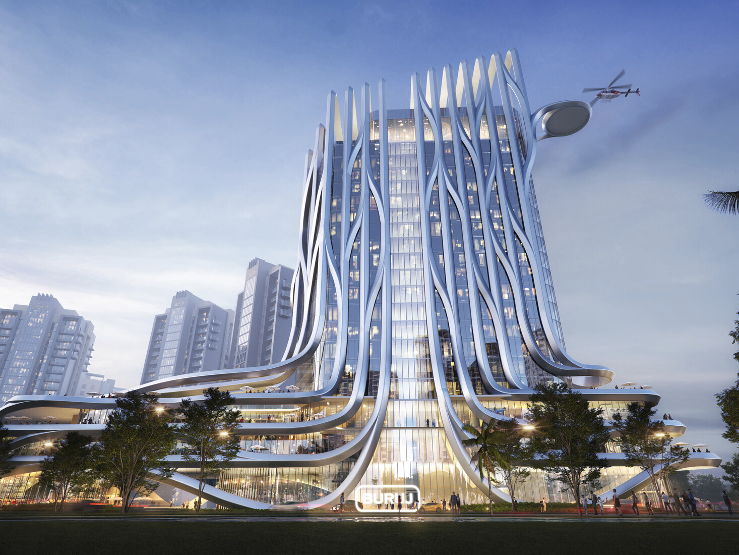 Rendering of the Buruj hotel showing a high rise building surrounded by a metal cage