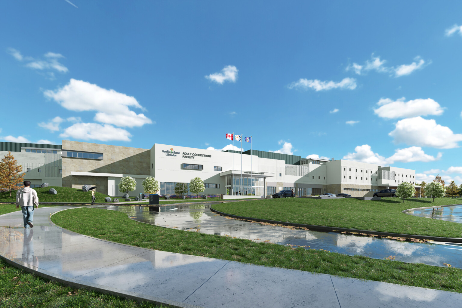 Newfoundland & Labrador Adult Correctional Facility Replacement – Public Entrance; design rendering of a modern correctional facility; white and sandstone facade with green area and driving space in the front