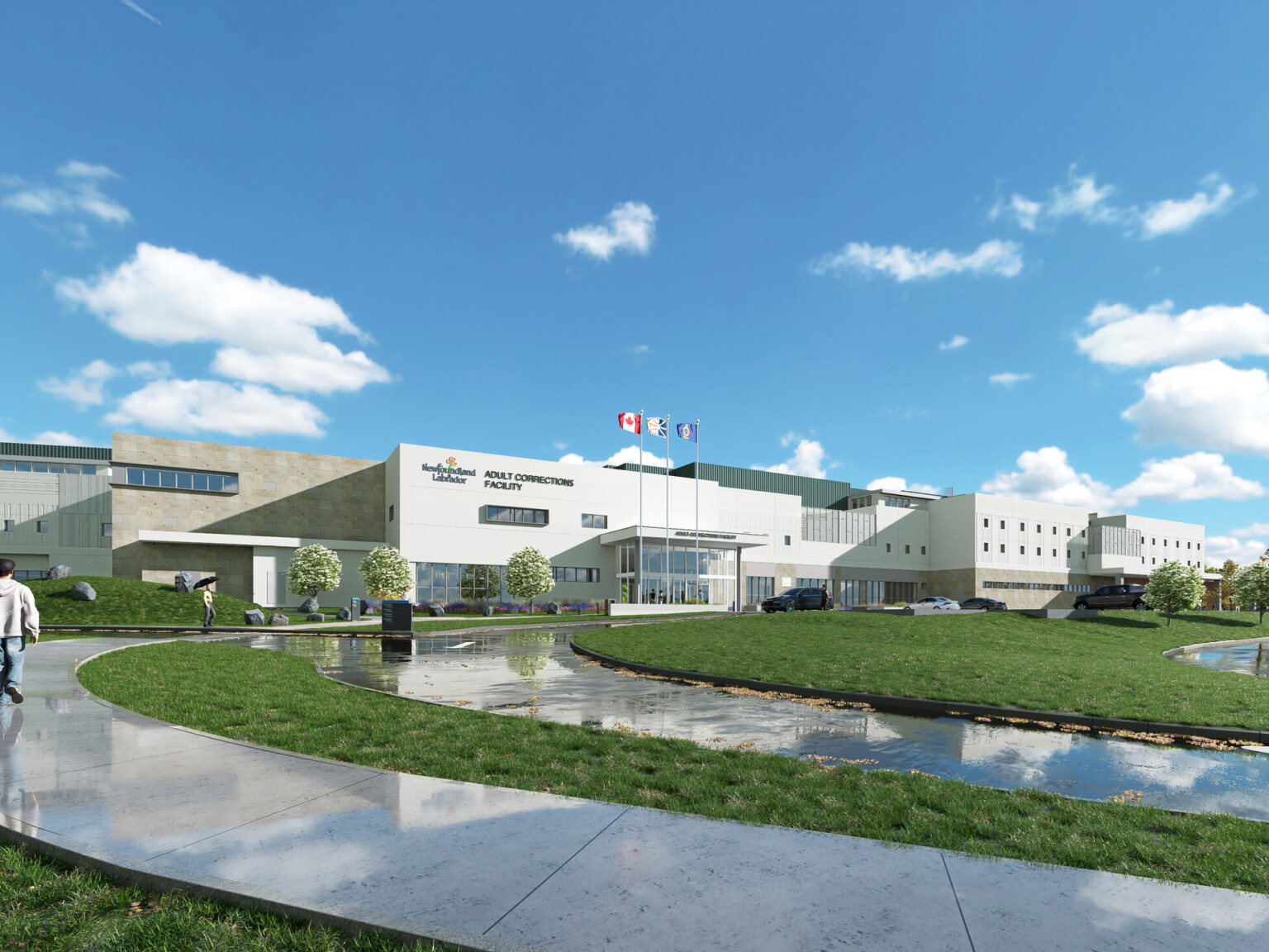 Newfoundland & Labrador Adult Correctional Facility Replacement – Public Entrance; design rendering of a modern correctional facility; white and sandstone facade with green area and driving space in the front