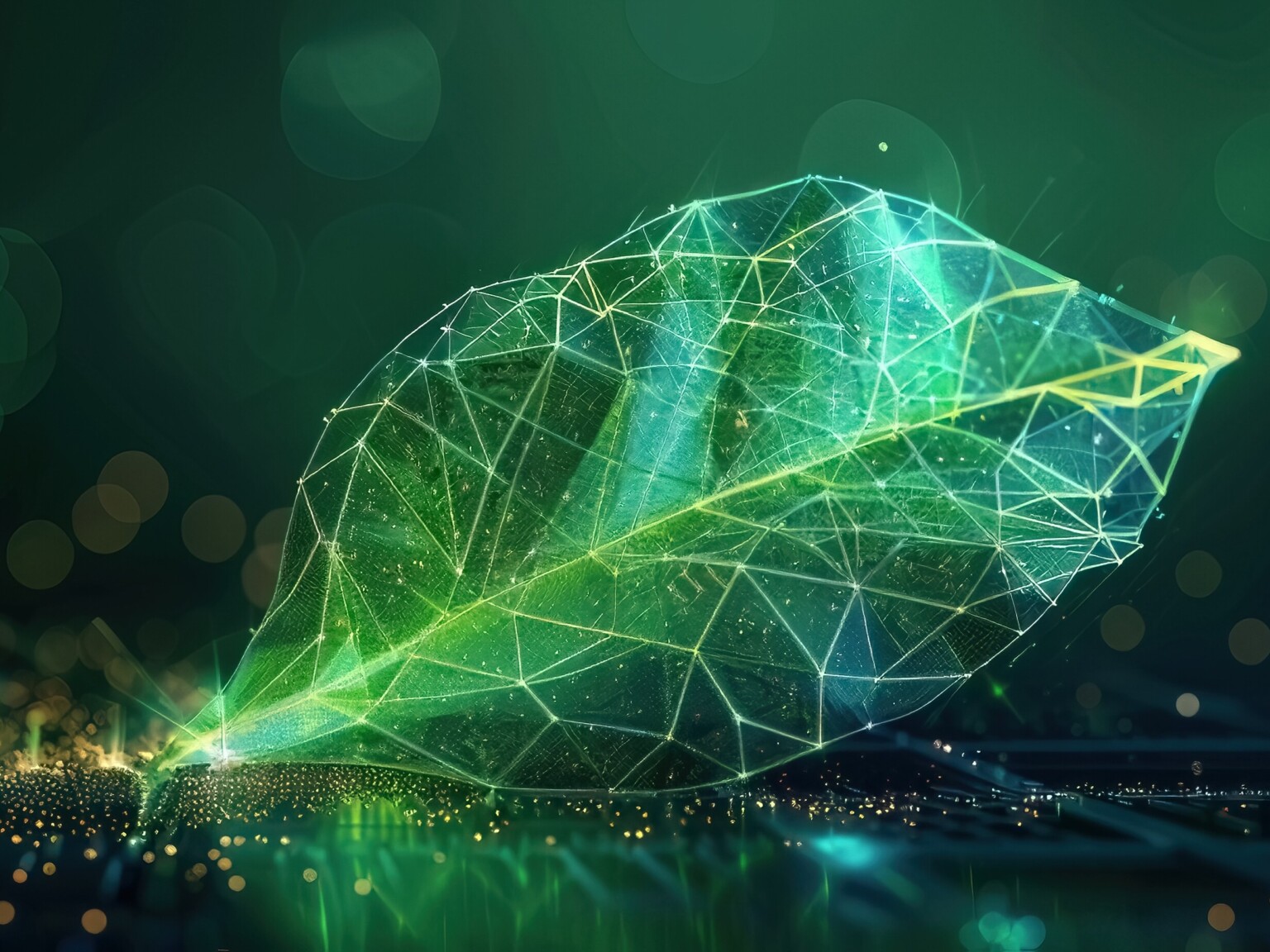 The advancement of technology in sustainable energy is symbolized by a green leaf adorned with a three-dimensional luminous tech mesh. This representation encapsulates the concepts of sustainability