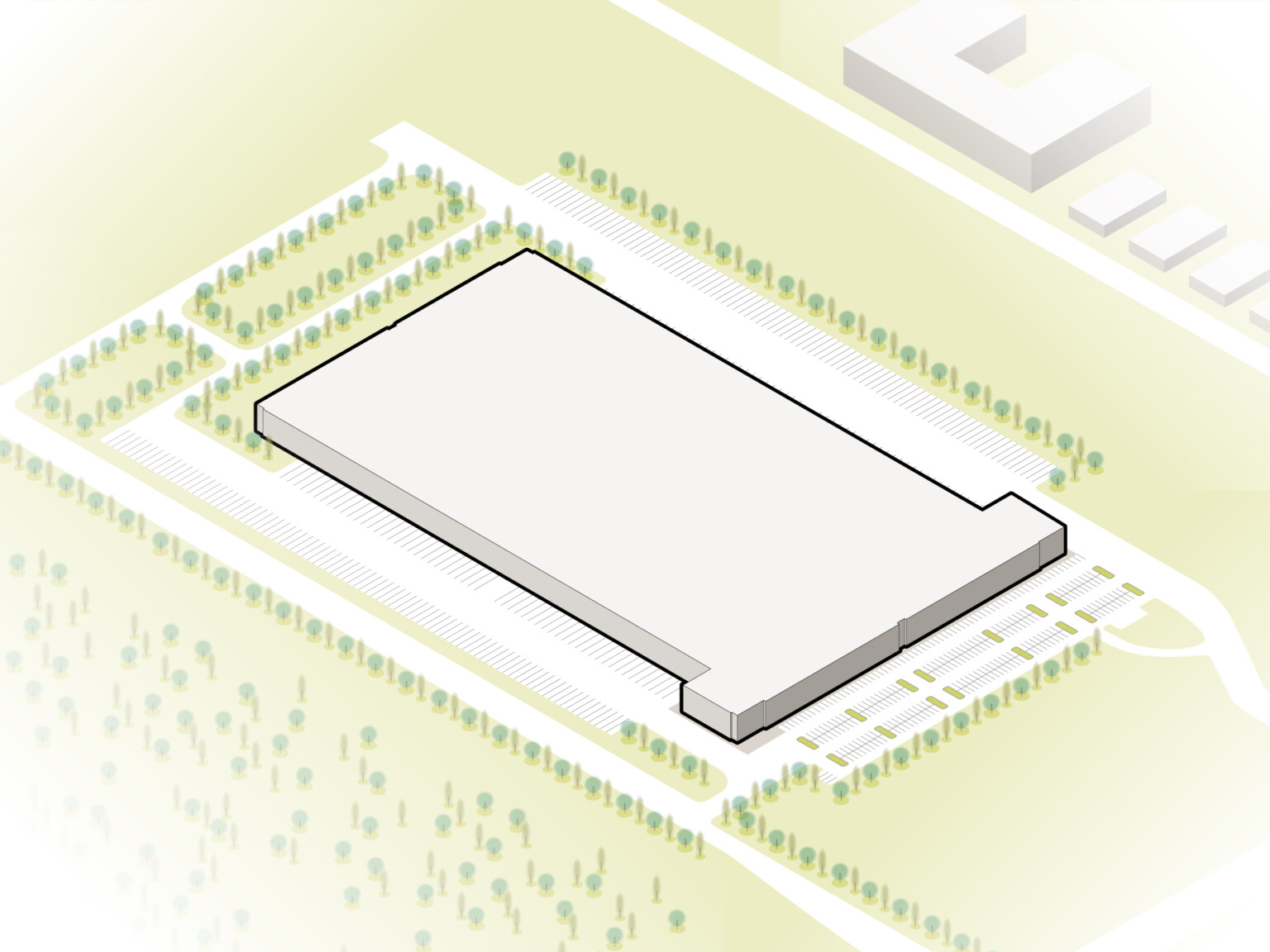 architectural rendering of a building space on a field